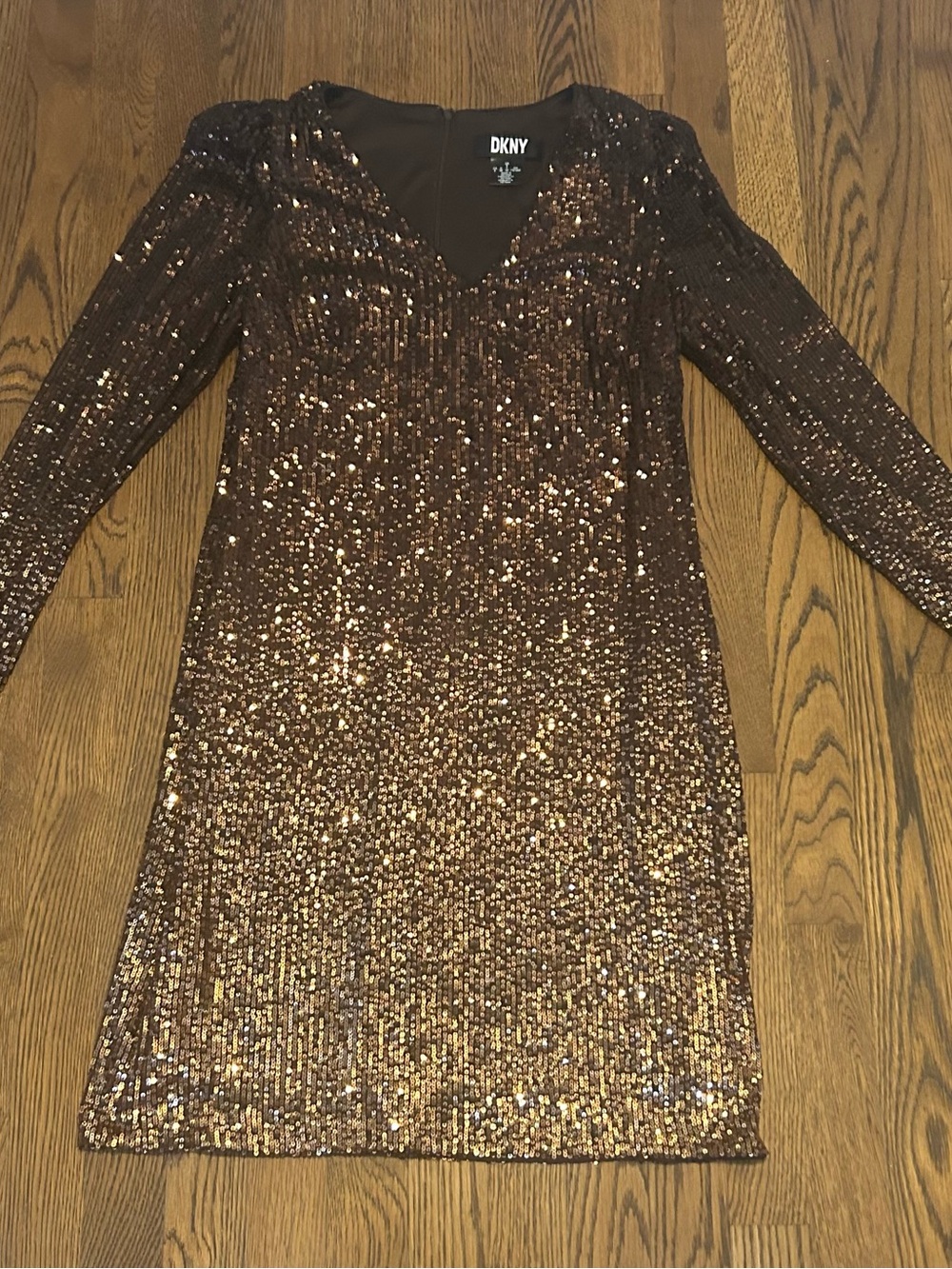 DKNY Bronze Gold Sequin V-Neck Long Sleeve mini Cocktail dress